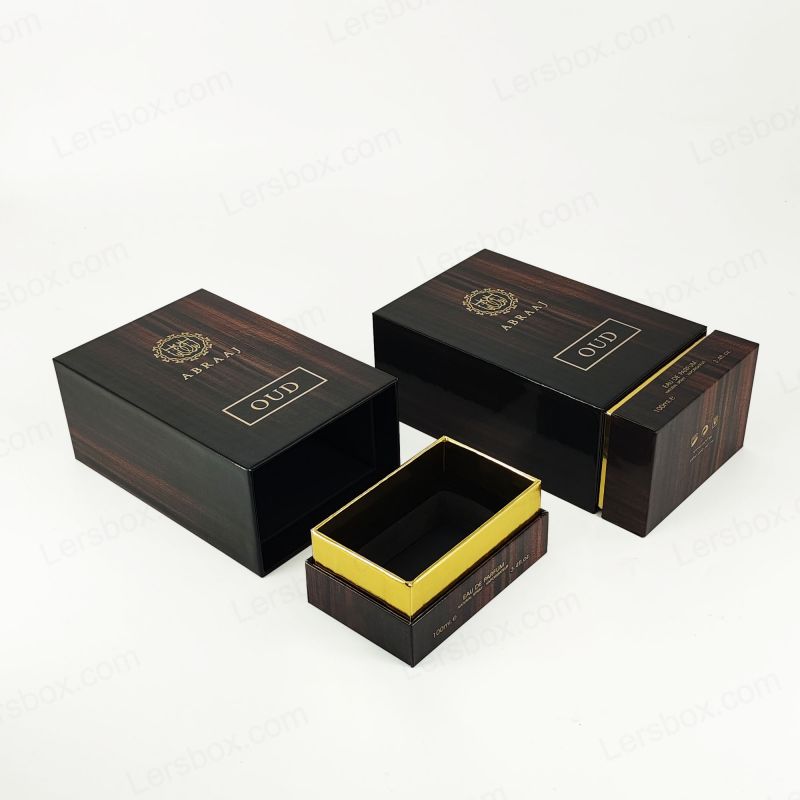 Handgefertigte starre Parfümverpackung mit Goldfoliendetails und EVA -Schaumeinsatz HP019