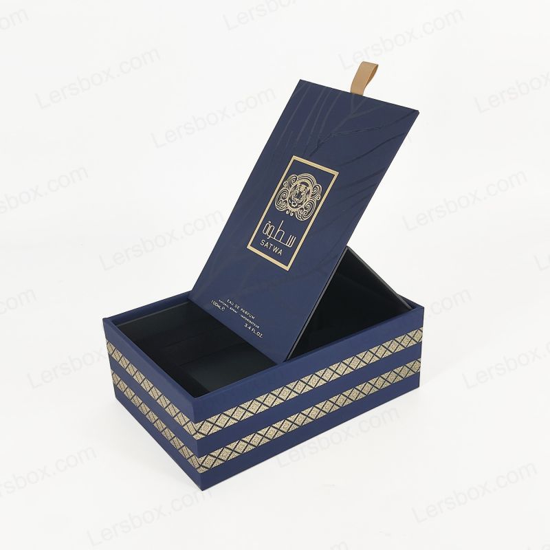 Luxus -Parfümbox mit kundenspezifischer Goldfolie und EVA -Tablett für zusätzlichen Schutz HP018
